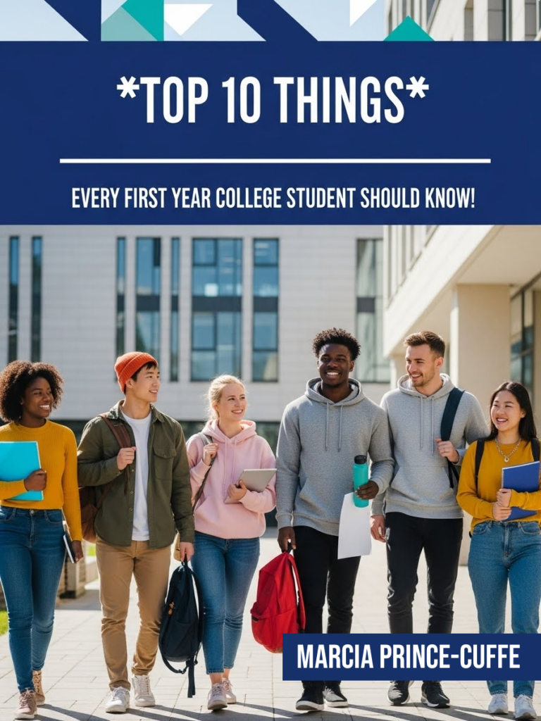 A diverse group of six smiling college students walk together outside a campus building, carrying books and backpacks. Text above reads: “Top 10 Things Every First Year College Student Should Know!” by Marcia Prince-Cuffe.
